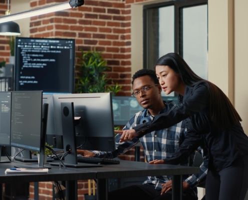 Image of two professionals reviewing code on a computer.