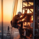 Telecom engineer worker climbing antenna tower